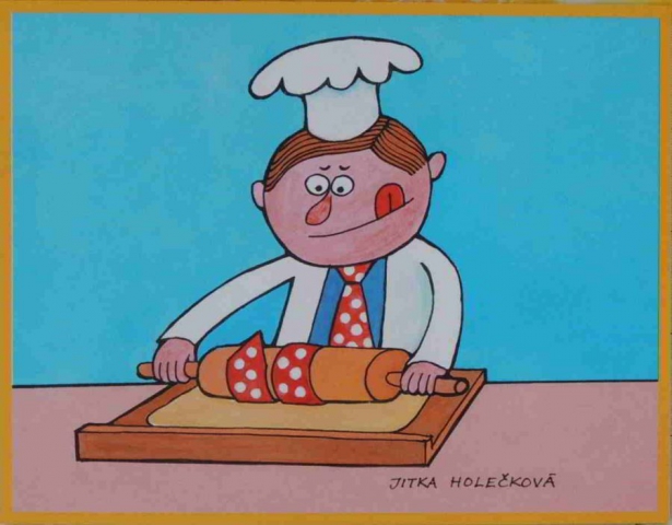 kuchař válí těsto a zamotala se mu do něj kravata