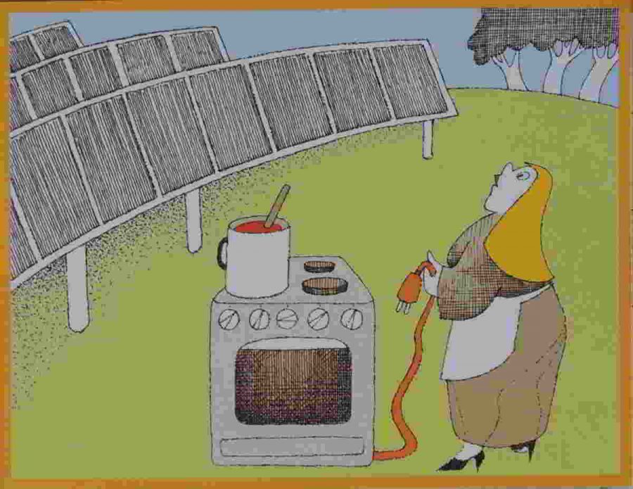 kuchařka vaří na elekrickém sporáku na trávníku blízko slunečních kolektorů